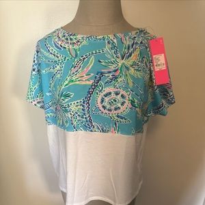 Lilly Pulitzer Finn Cropped Short Sleeve Top Bermuda Blue Turtle NWT Size Medium